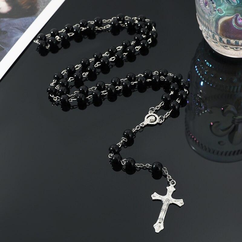 1 Stück Handgefertigte Halskette Damen Imitation Vintage Perlen Rosenkranzperlen Mit Kreuz Anhänger Schmuck