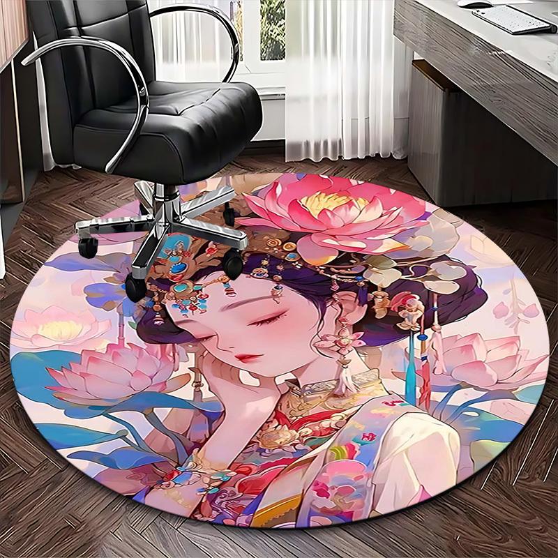 1pc Anime Design Lotus Flower Round Carpet Office Chair Mat, Non Slip Rug for Home Decor, Living Room, Bedroom, Game Room, Festival Gift