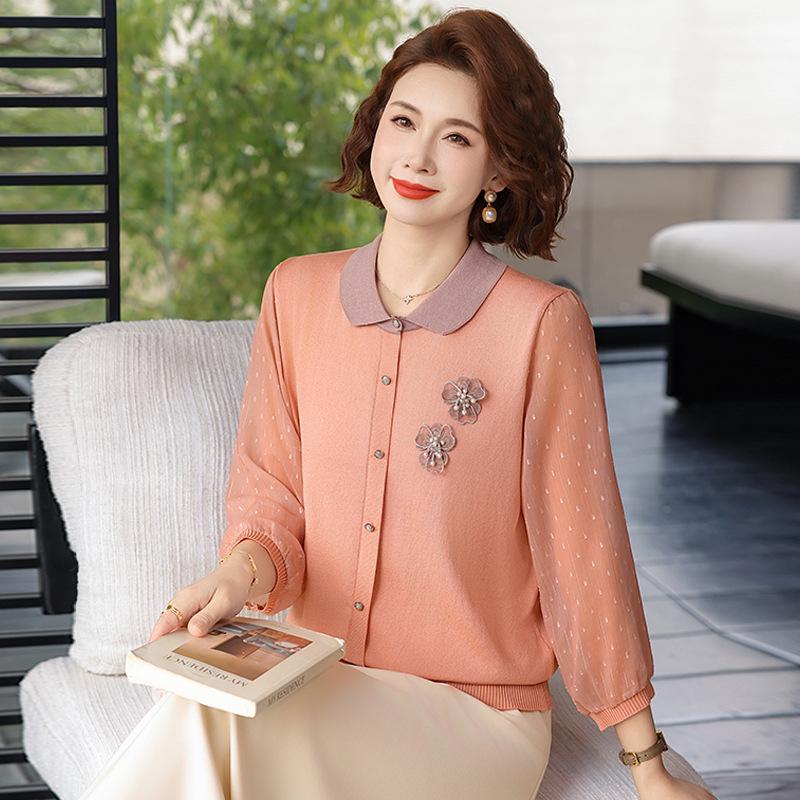Spring Arrival: Loose Lapel Knit Top for Middle-Aged & Elderly Women – Lightweight, Stylish T-Shirt for Spring/Summer