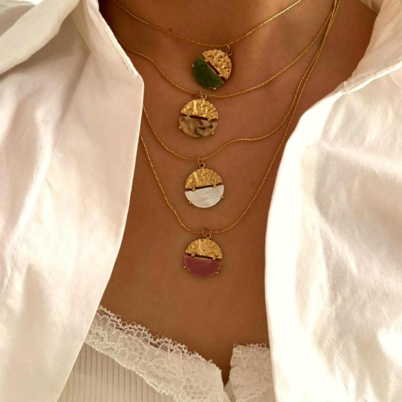 French Inspired Adjustable Round Pendant Necklace Elegant Stainless Steel Lightweight Chain For Women Gift Layering Jewelry