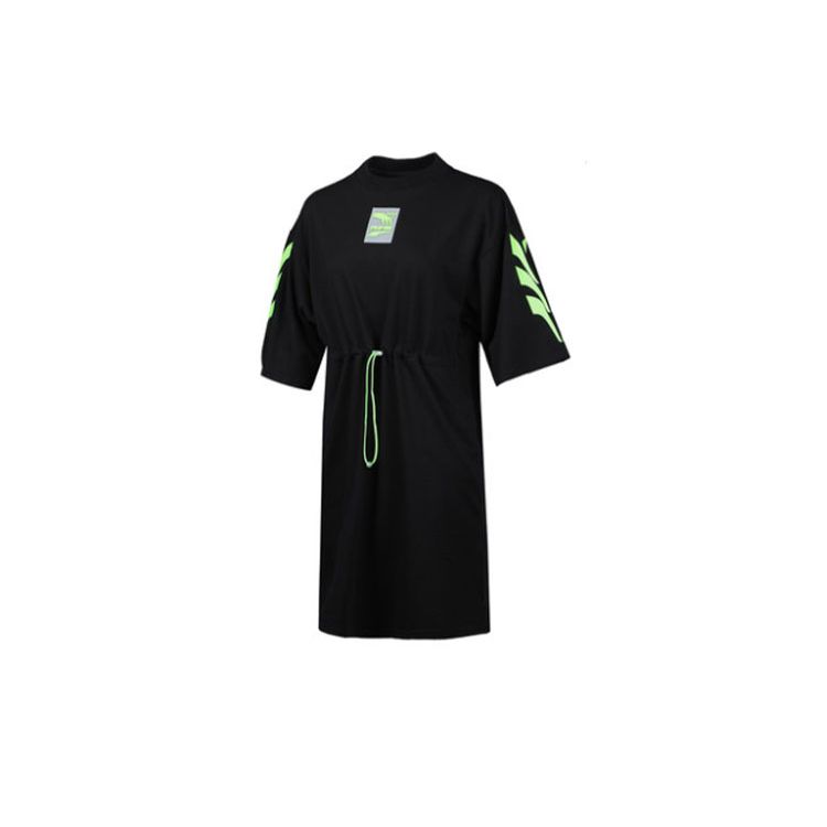 Puma Logo Print Solid Color Drawstring Sports Short Sleeve Dress Women Dresses Black 599175-01