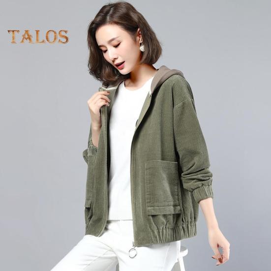 Fall Spring Women Corduroy Jacket Patch Pockets Hooded Loose Colorblock Elastic Cuffs And Hem Streetwear Office And Leisure Coat