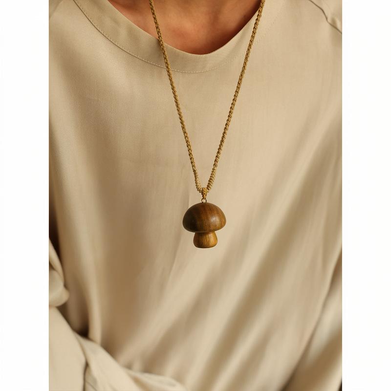 Hand-woven cotton rope wood mushroom pendant necklace unique Mori collarbone chain niche design sweater chain women