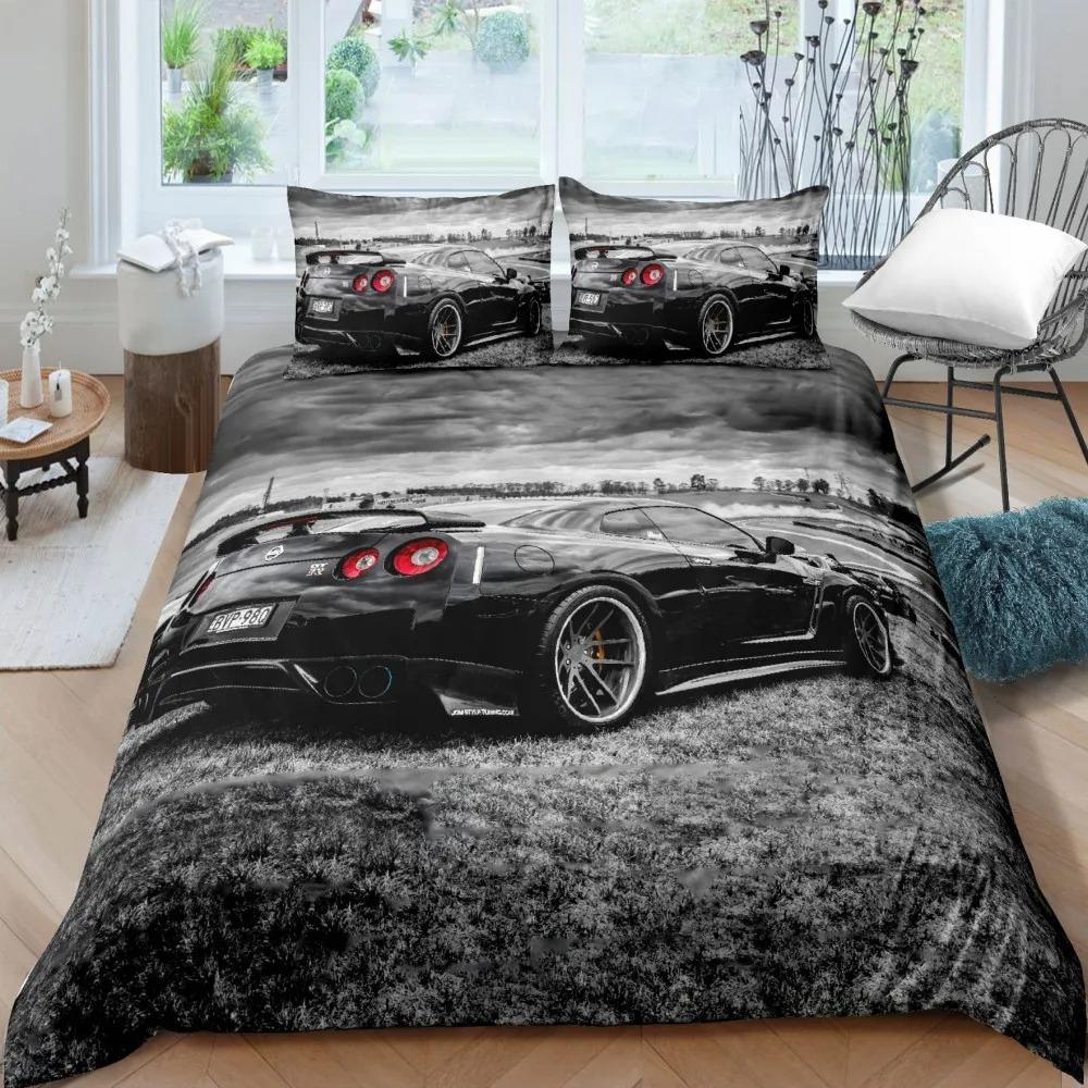 Luxurious Sports Car Bedding Set Black White Racing Bike Bed Linen Polyester Duvet Cover with Pillowcase for Teens Adults Decor