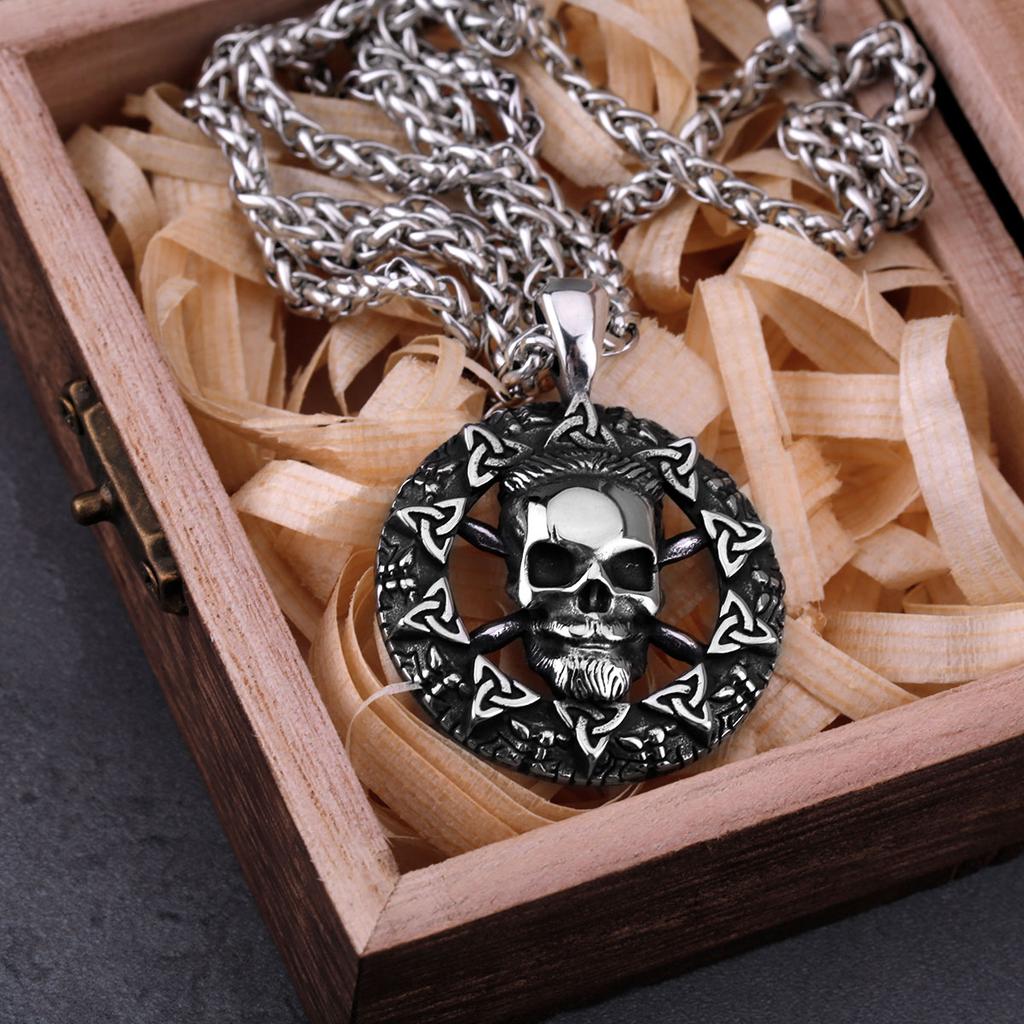 Stainless Steel Viking Warrior Men Necklace Skull Celtic Knot Hip Hop Charm Biker Amulet Pendant Jewelry Goth As Men's Gift