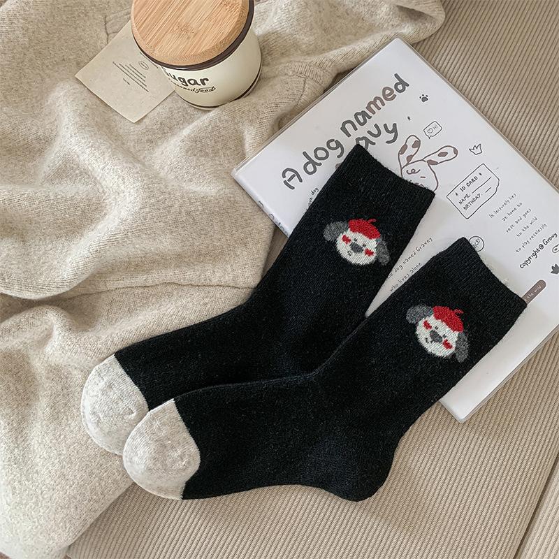 Red Hat Puppy Wool Socks, Thick and Warm Mid-calf Socks, Thick Socks, Cartoon Boneless Socks