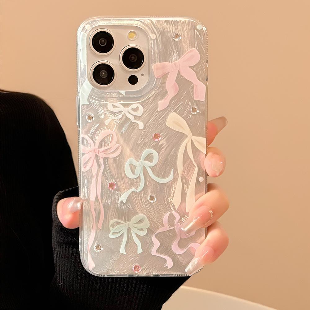 Sweet Girl Ins Bow Apple 15pro Max Mobile Phone Case 14 Suitable for Iphone16 Feather Yarn 1112 Korean