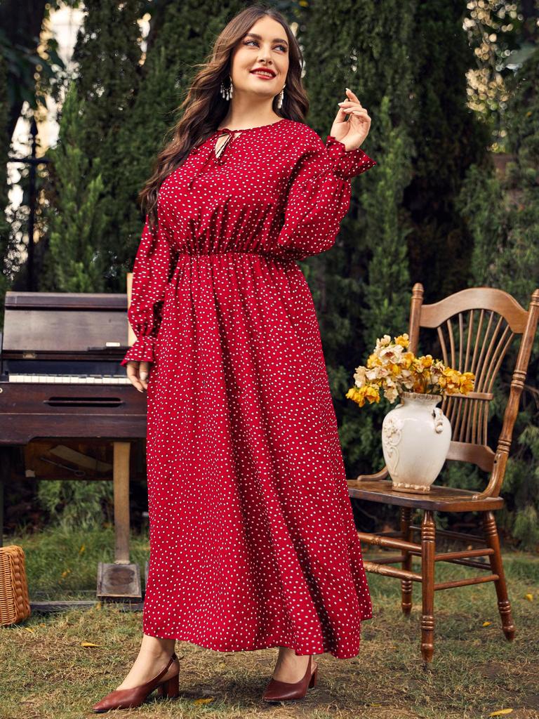 Frühlings- und Herbst-Damenkleid, großes Kleid, gepunktet, lockere Langarm-Kleider