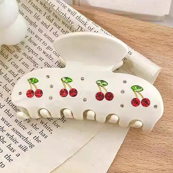 Hair Clip Sparkling Rhinestones Inlaid Cherry Decorative Pattern Back Head Hair Claw Large Wide Tooth Design Smooth Large Shark Clip