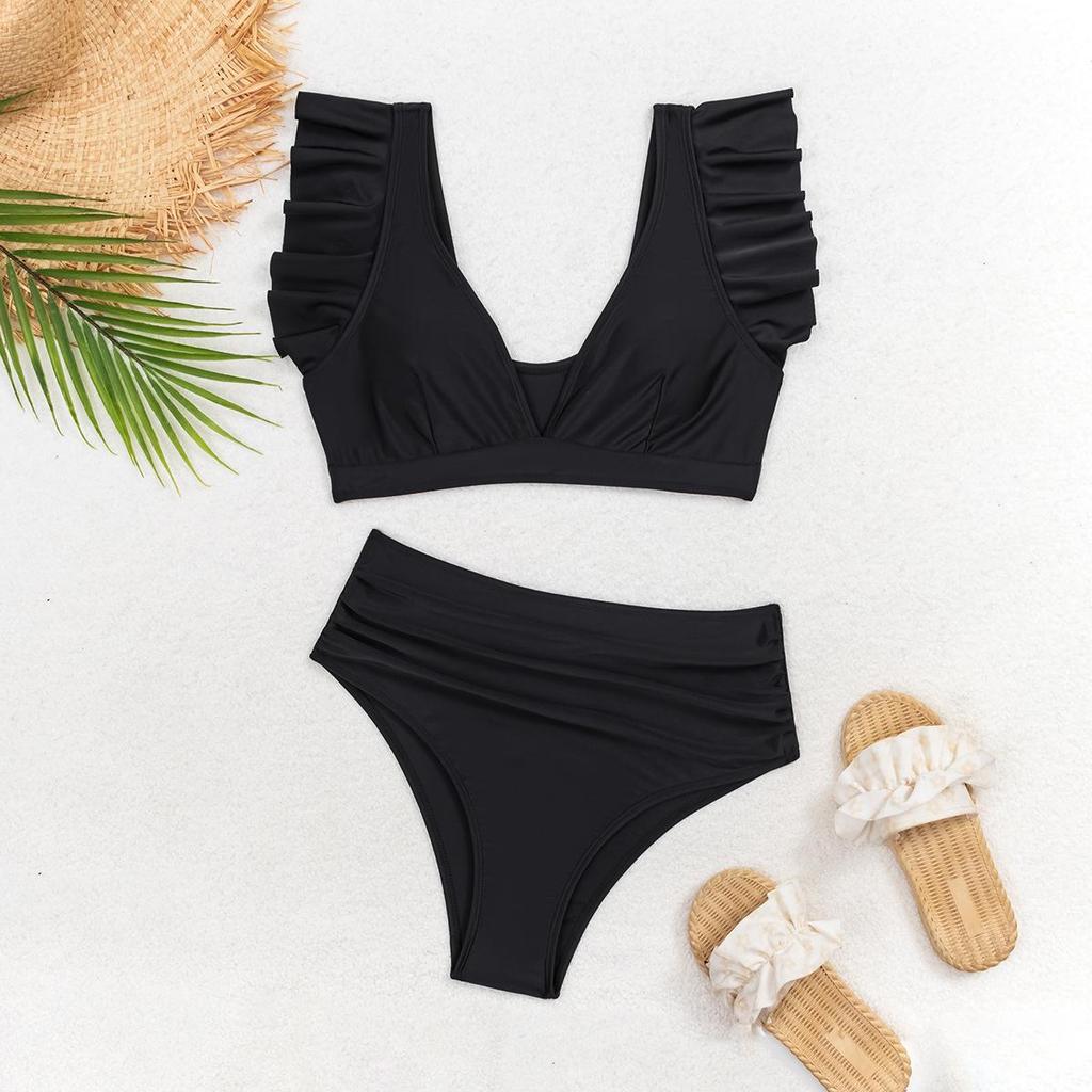 Women's High Waist Ruffled Triangle Bikini Set - Solid Color Swimsuit