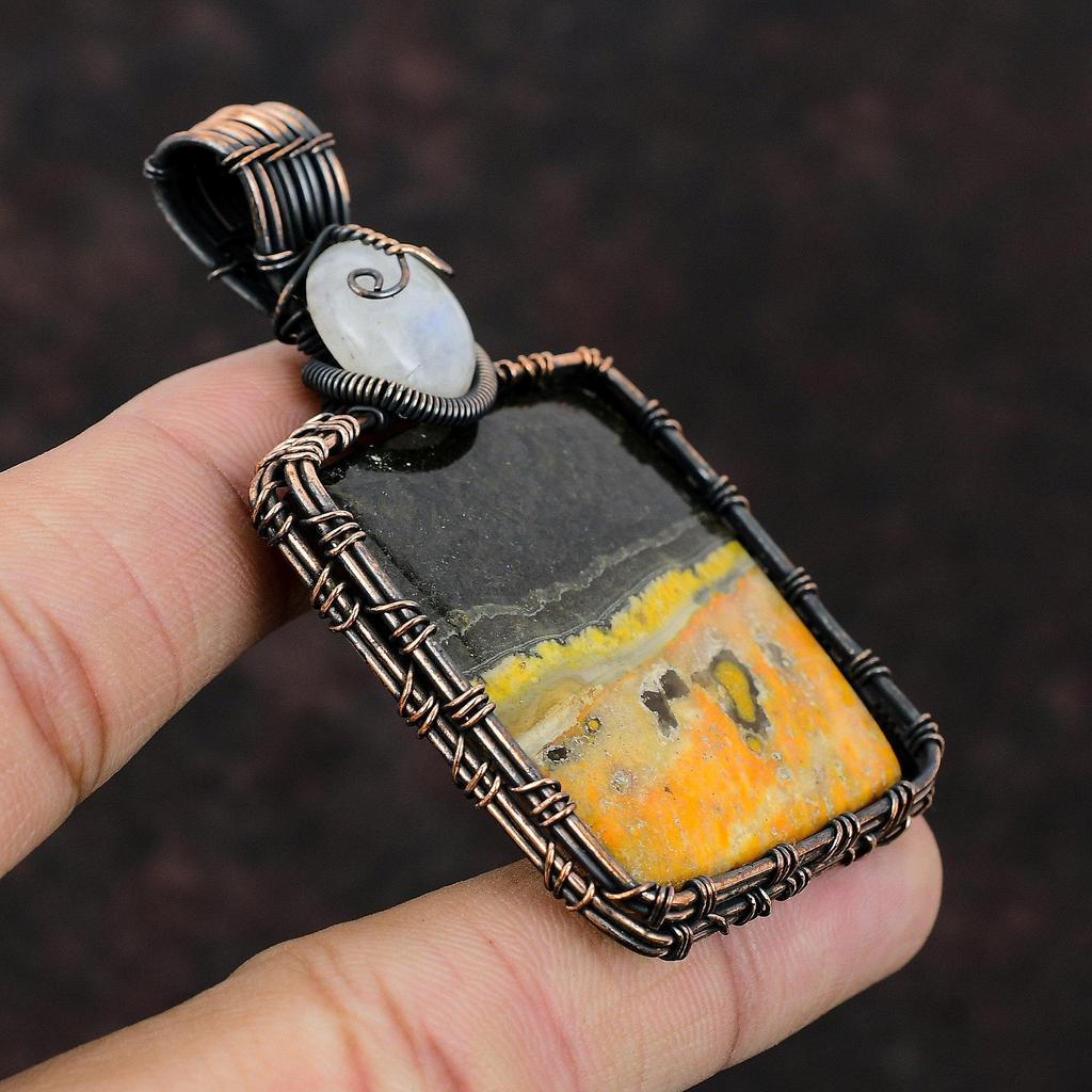 Bumble Bee Jasper Pendant Rainbow Moonstone Pendant Copper Wire Wrapped Pendant Gemstone Jewelry For Gift Handmade Copper Wire Wrap Jewelry