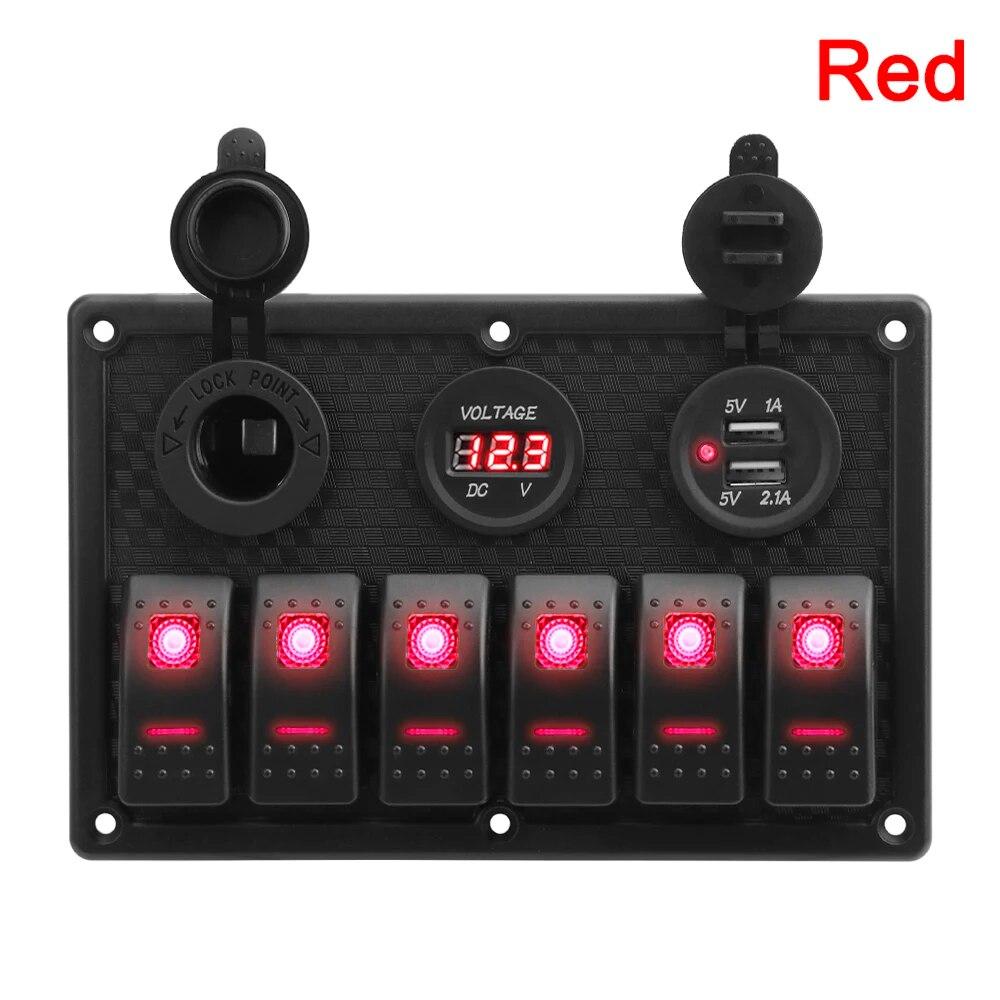 4.2A Dual USB Slot Socket 6 Gang Rocker Switch Panel Digital Voltage Display for Marine Boat Car Rv Vehicles Truck Yacht