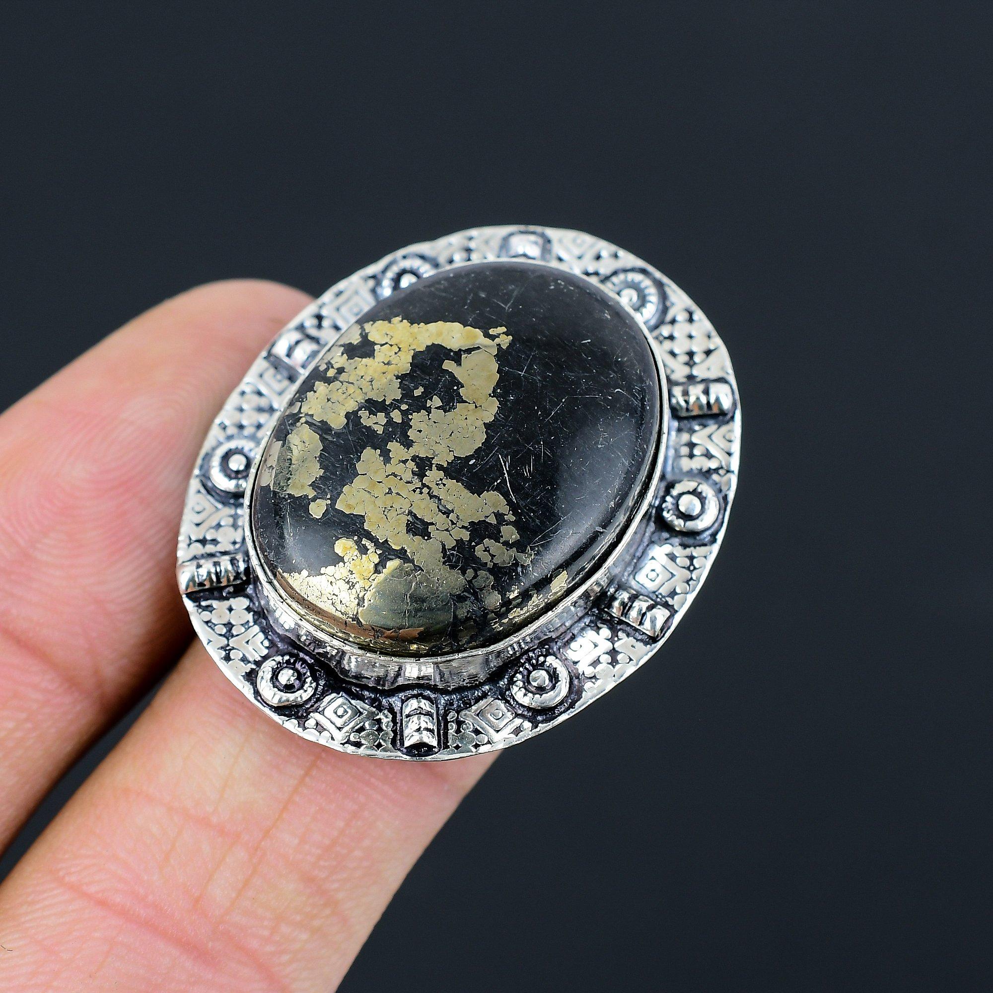 Natural Pyrite Gemstone Statement Ring Size 7.5 925 Sterling Silver For Women 7.5