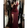 Red Dress Temperament Long Dress Spring Summer Autumn Winter Socialite New Year Dress Wind Split Split Slim and Thin