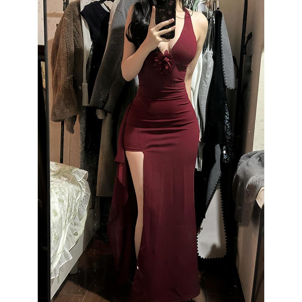 Red Dress Temperament Long Dress Spring Summer Autumn Winter Socialite New Year Dress Wind Split Split Slim and Thin