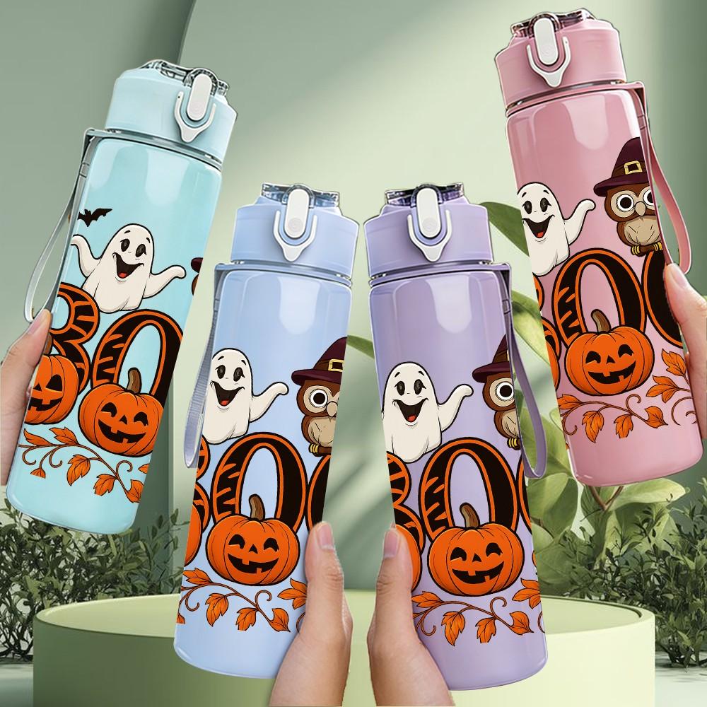1PC Boo Halloween Ghost Pumpkin Pattern 750ml Color Plastic Sports Water Bottle Leakproof Flip Straw Lid Suitable for Sports Office Home Use