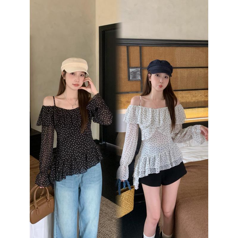 Real Shot Plus Size Polka Dot Ruffle One-Shoulder Spring Top - Elegant & Slimming Korean Style 4XL чёрный