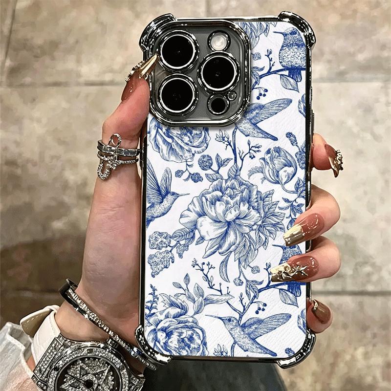 Blue And White Porcelain Pattern Plating Phone Case For Iphone 16 17 Pro Max Air 16E 14 15 Plus 12 13 Mini Anti-Fall Airabag Cov