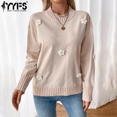 Women's Fashion Casual Fall Winter Solid Color Flower Pattern Print Long Sleeve O Neck Sweaters