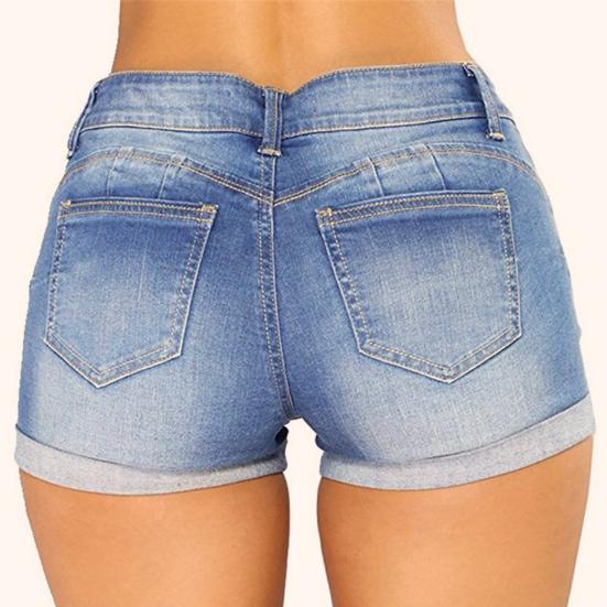 Women Jeans Ripped Mid Waist Solid Color Soft Short Jeans for Daily Wear