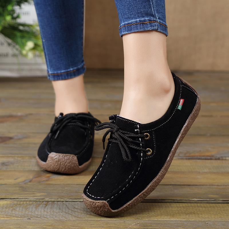 Spring single shoes female true versatile Doudou shoes women's casual flat single shoes lace-up snail shoes mother shoes