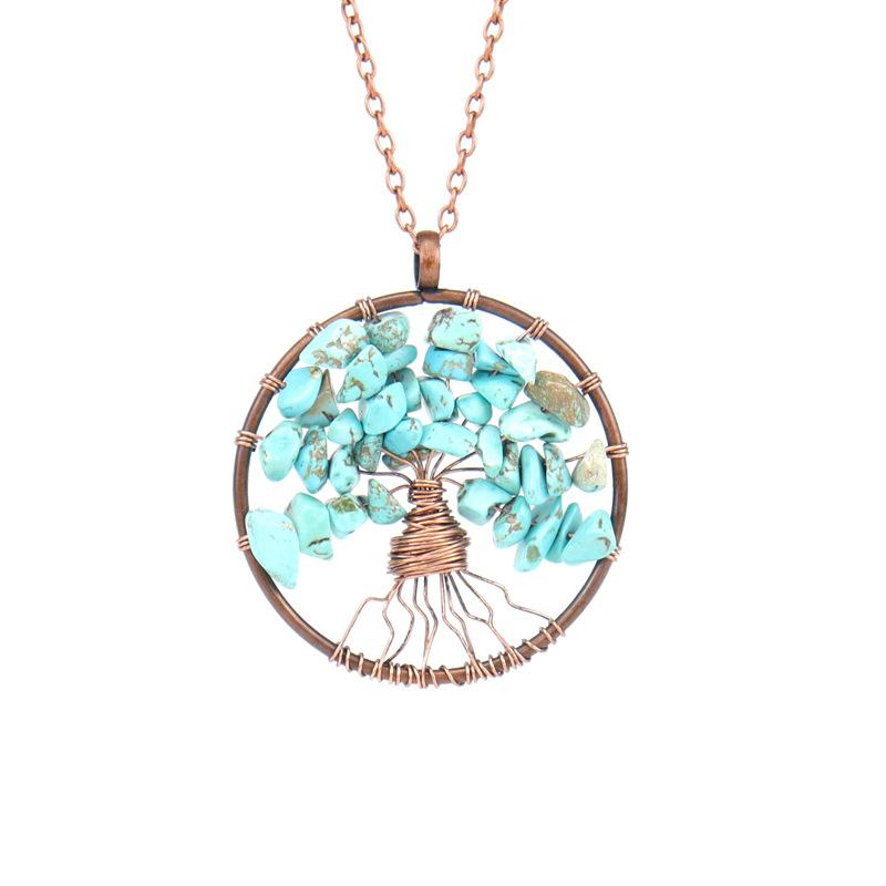Ancient Red Copper Winding Natural Stone Crystal Tree Of Life Necklace Colorful Stone Necklace Jewelry N105