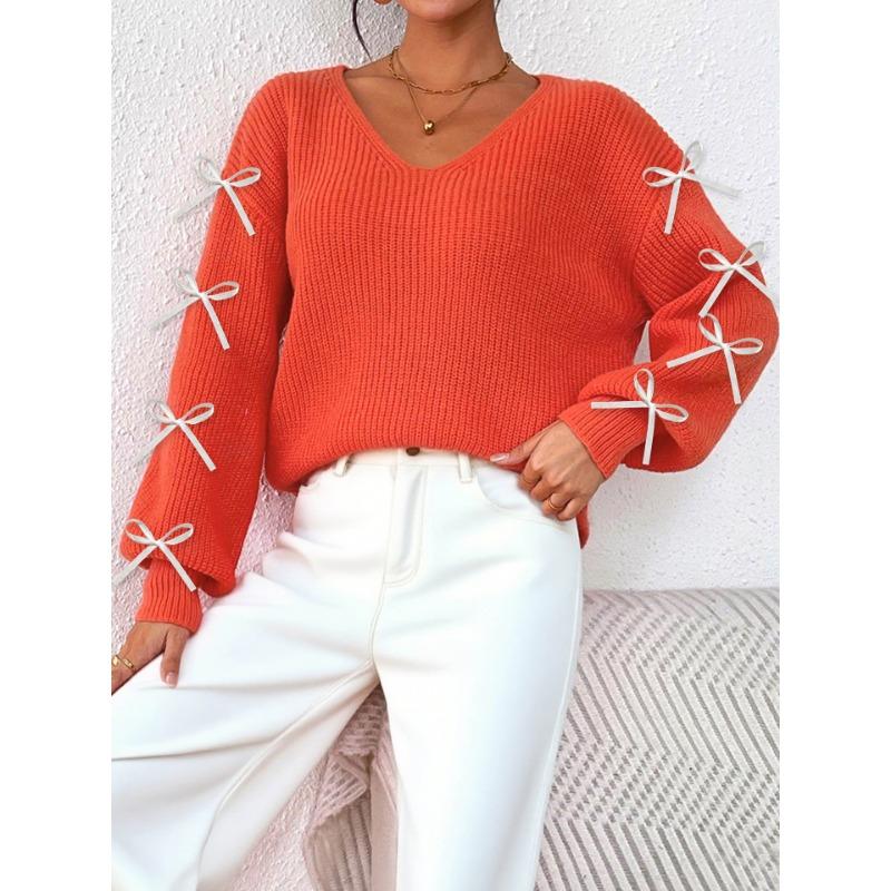 Women's Autumn Winter Tops  Clothing Ribbon Bow Decoration Pullover Sweater