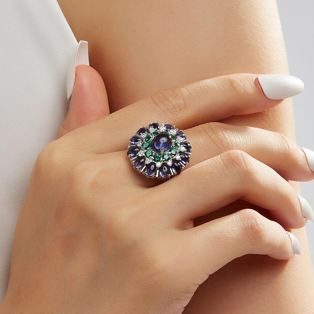 Light Luxury 925 Sterling Silver Women's Ring Natural Iolite Oval Gemstones Fine Jewelry Women's Premium Anniversary Gift