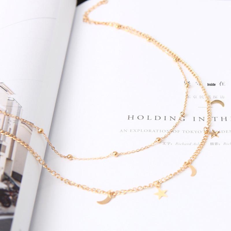 Simple Double-Layer Moon & Star Necklace with Round Beads