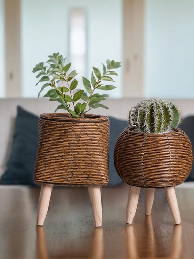 Indoor Rattan Flower Stand Triangular Bracket Pot Desktop Creative Succulent Storage Container Office Decorative Planter