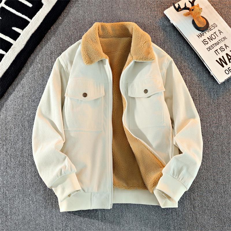 Men's Thick Corduroy Jacket with Fleece Lining - Long Sleeve Warm Cotton Outerwear