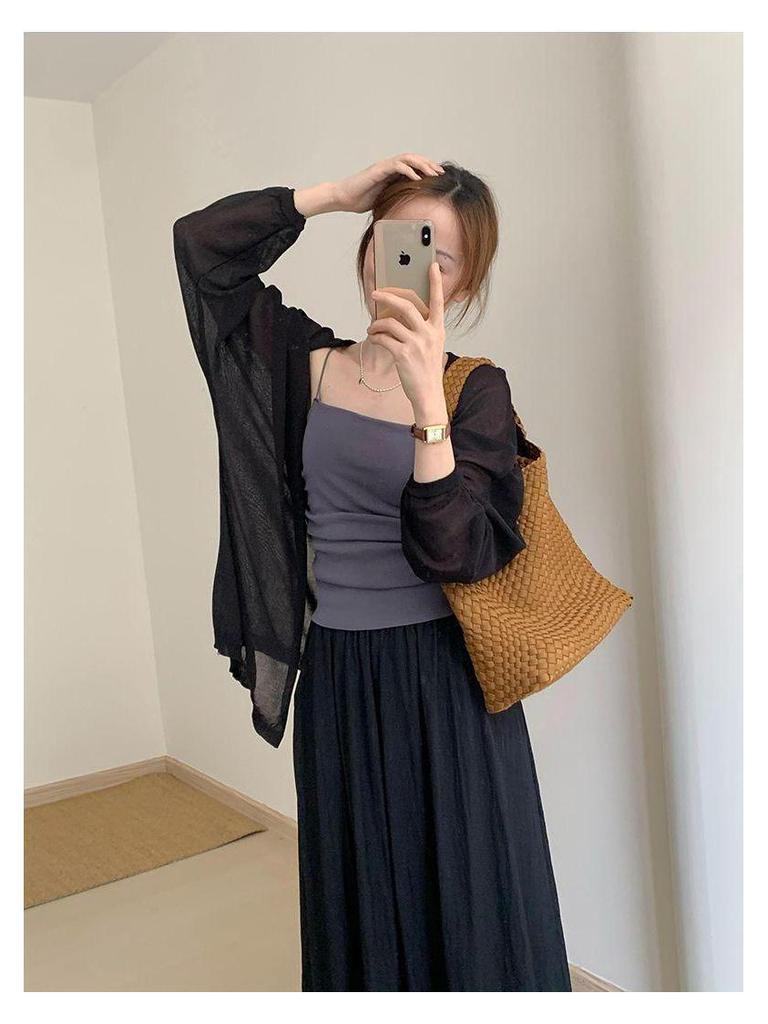 Korean Style Plus Size Loose Knit Cardigan - Spring/Summer, Long Sleeve, Airy & Elegant