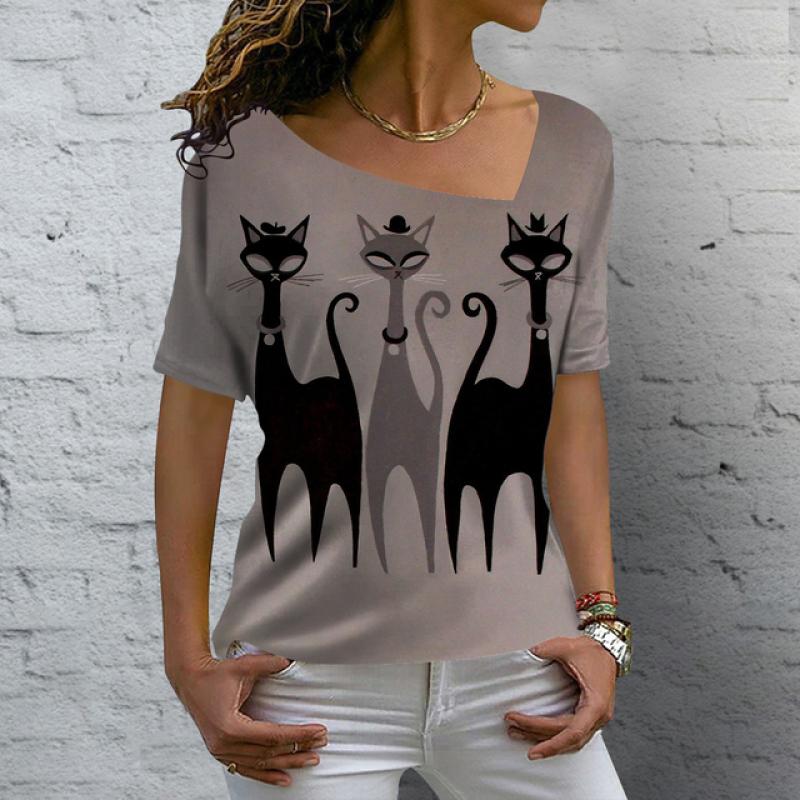 Roztomilá dámská trička Letní 3d Butterfly Cat Potisk Topy Tričko Street Denní oblečení s výstřihem do V Tričko nadměrné velikosti pro ženy Oblečení