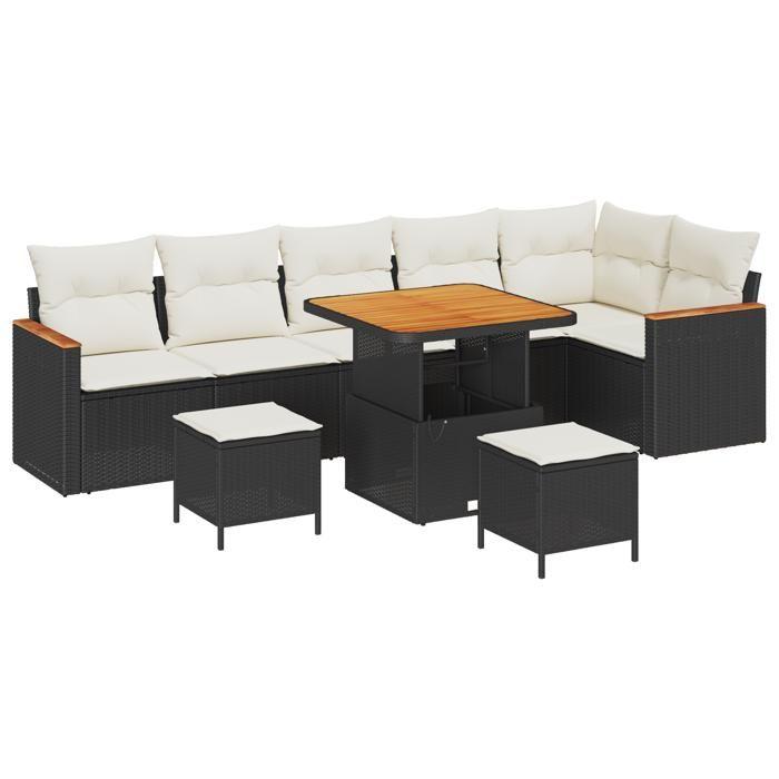 Canapé de jardin 9 pièces avec coussins en poly rattan noir Acacia, Salle à manger de jardin 3 pièces avec coussins en poly 3365010