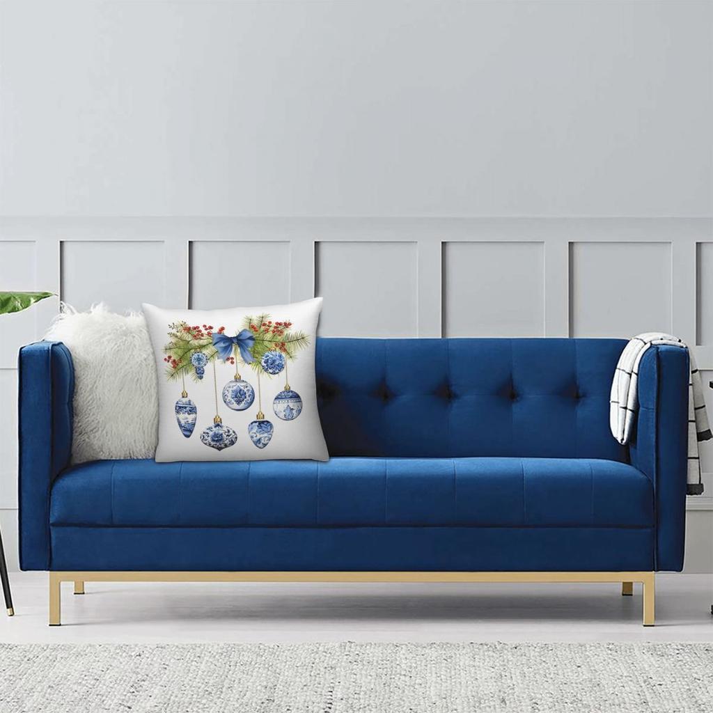 Blaues Chinoiserie Weihnachtskissenbezug Druck Polyester Kissenbezug Dekorative Wurfkissenhülle Bett Reißverschluss 40*40cm