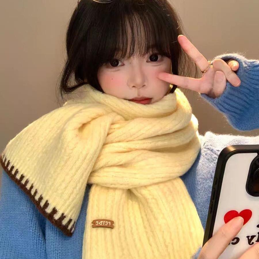 Yellow Knitted Wool Scarf Female Autumn and Winter Korean High-end Sense Versatile Thickened Warm and Cold Neck Scarf Student