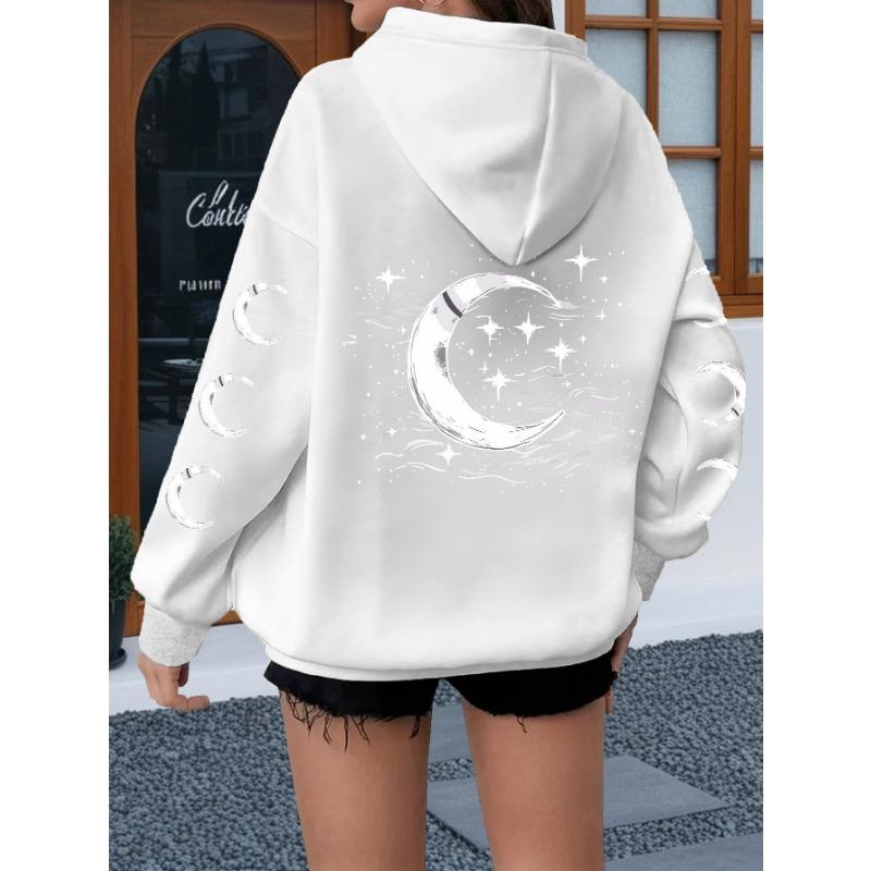 Sun, Moon, and Stars Print, 100% Polyester Plus Size Women's Hooded Sweatshirt