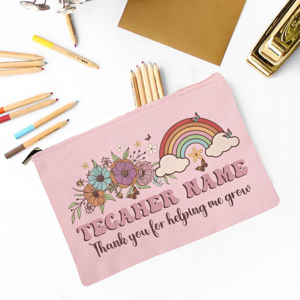 Thank You for Helping Me Grow Custom Name Makeup Bag Personalised Pencil Bags Travel Toiletries Storage Pouch Gifts for Teacher