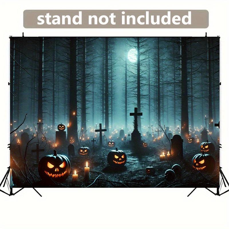 A haunted cemetery with a banner featuring a glowing pumpkin as the background.PMJ