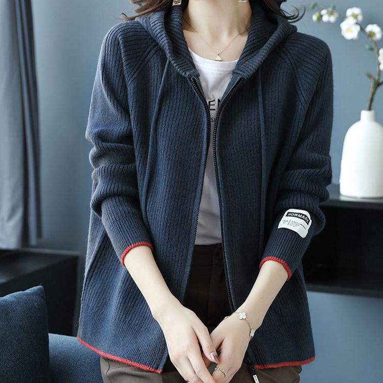 Knitted Hoodie Women's Spring and Autumn Solid-color Short Knitted Sweatshirt Hooded Zipper Sweater Cardigan Baseball Jacket