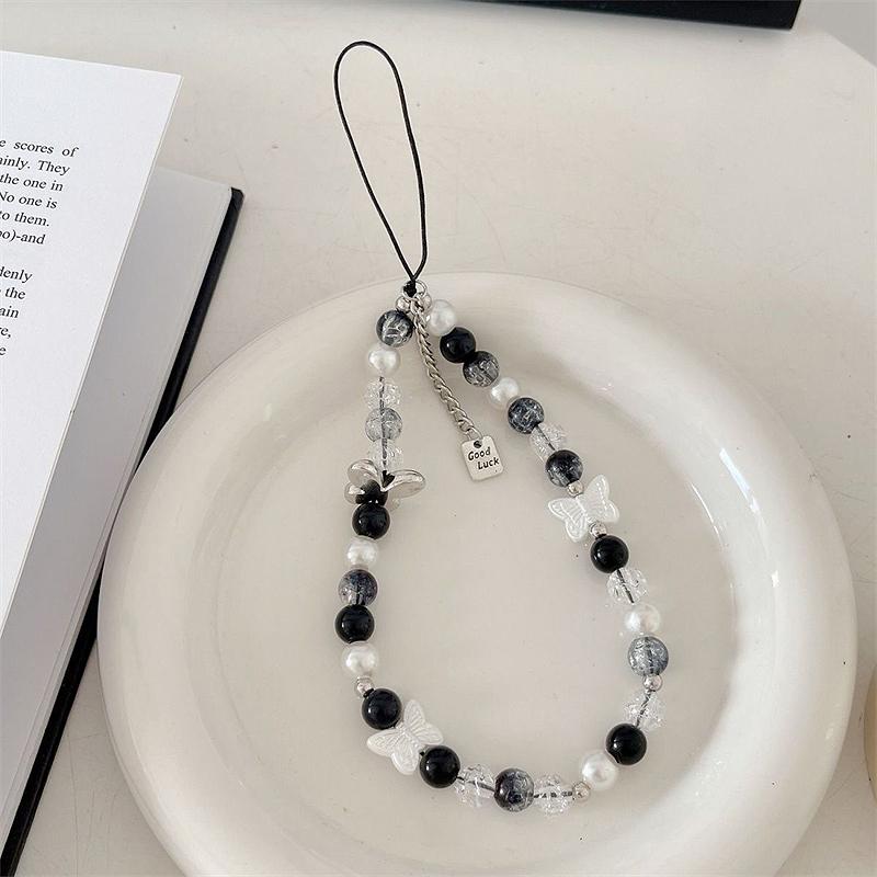 

Korean Cute Silvery Butterfly Black White Bead Beaded Phone Chain Charm Lanyard For iPhone CCD Hanging Rope Girl Jewelry Pendant