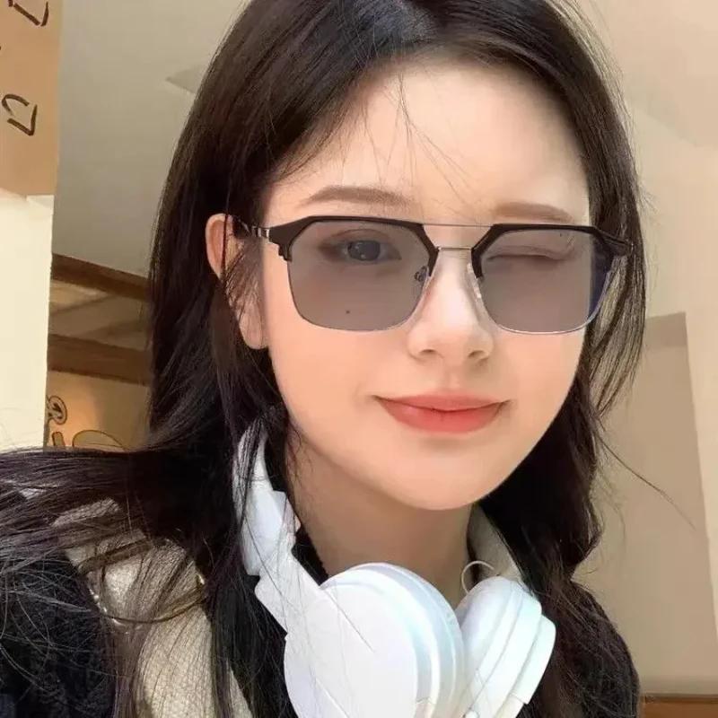 Korean Double Beam Frame Metal Myopia Glasses Trendy Men Half Frame Myopia Sunglasses Anti UV Driving Near Sight Sunglasses