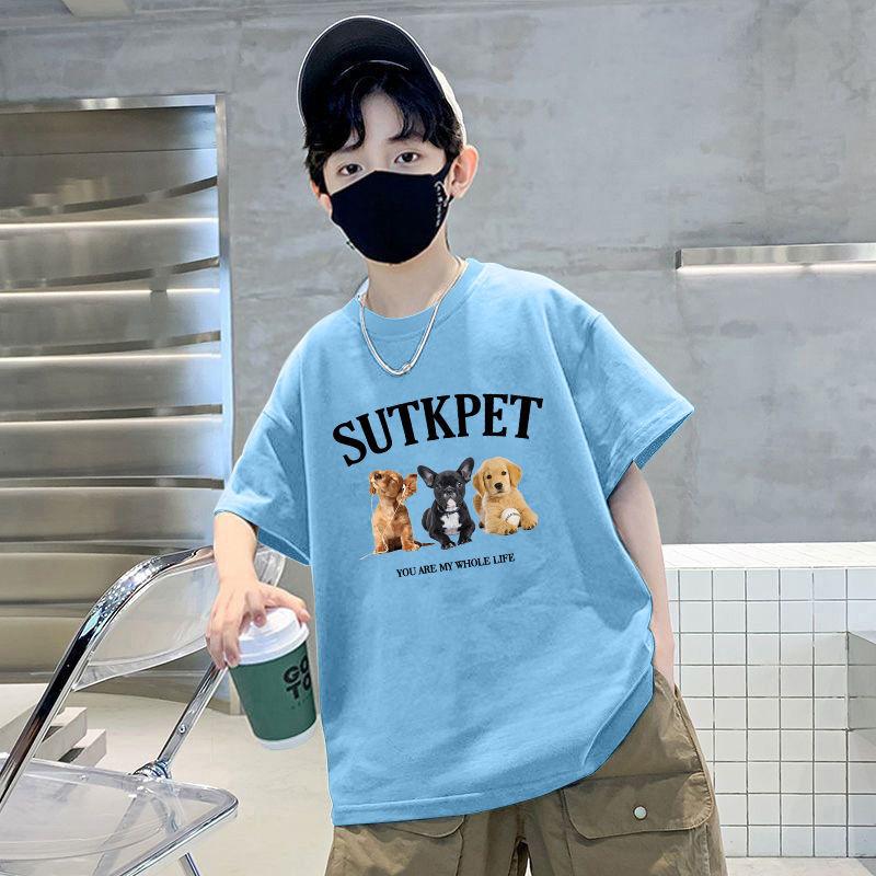 

Хлопковая футболка для детей среднего и старшего возраста, детская футболка, весна и лето, новая детская футболка для мальчиков, с коротким рукавом, свободная, универсальная, с трендовым принтом, топы 160