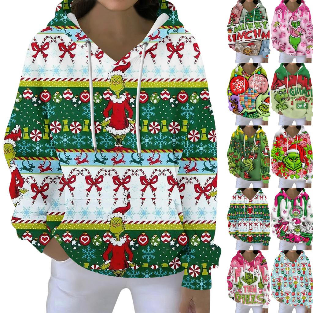 Christmas Hoodies For Women Funny Cute Printed Holiday Sweatshirt Winter Oversized Pullover Tops