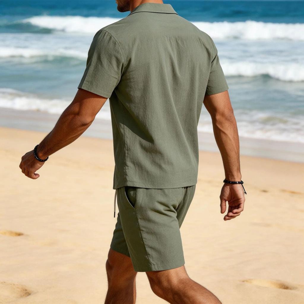 Mens Casual Loose Breathable Short Sleeve Shirt And Shorts Beach Set