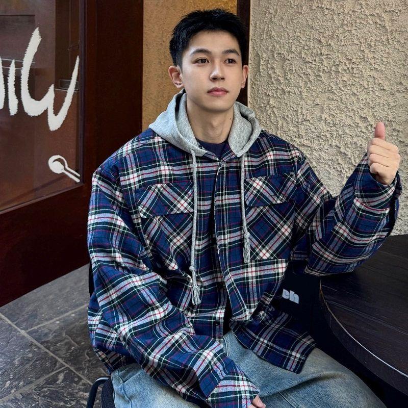 

Grailz Talk Project G/R Gingham Double-Sided Wear Loose Vibe Hooded Shirt Coat Men Gra Shirt Jacket Black and Purple 3