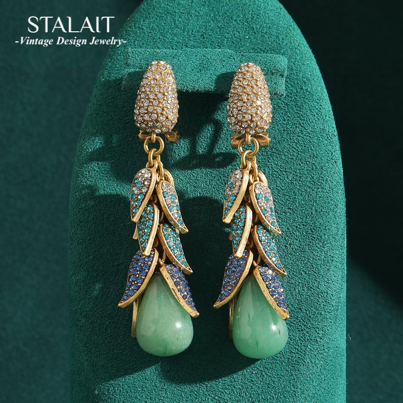 Vintage Drop Green Earrings Jade Rhinestones Leaf Dangle Jewelry Luxury Designer Wedding Woman Antique Gold Accessories