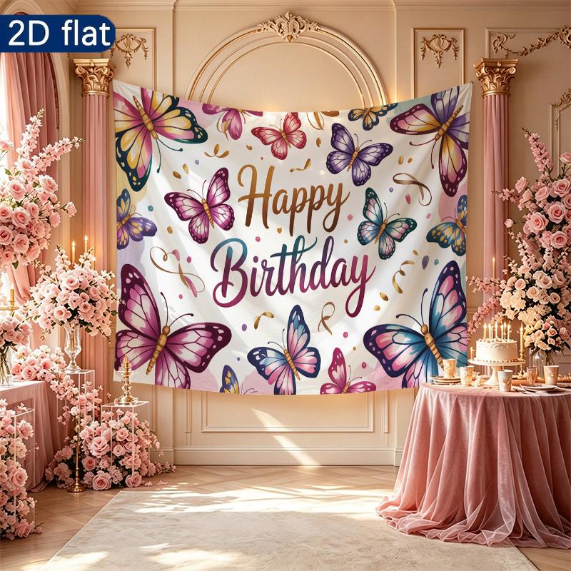 Birthday Party Butterfly Gifts Banner, Colorful Polyester Backdrop for Wall Hanging Decor