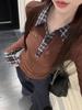 Women's Red Plaid Polo Collar Faux Two-Piece Slim-Fit Top for Autumn/Winter