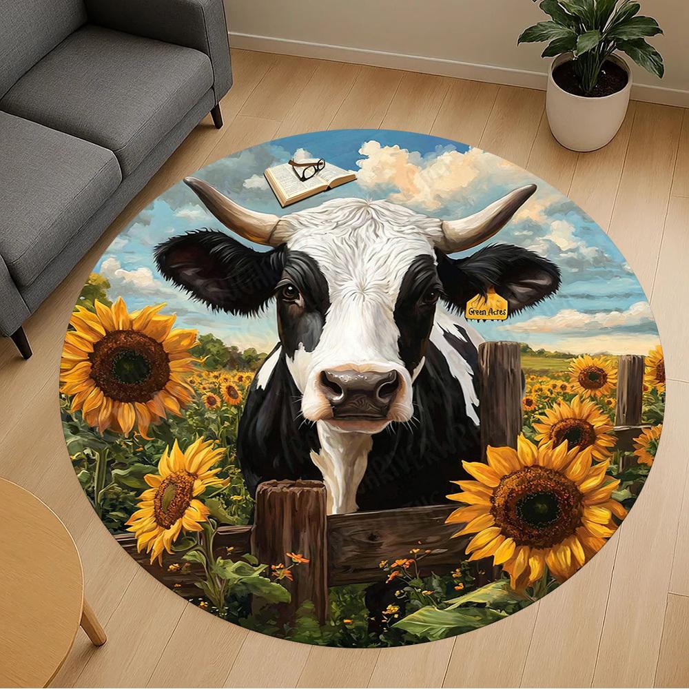 1PC Cow Sunflowers Office Round Area Rug, Under Office Chairs Bedroom Living Room Home Decor, Carpet for Office -1110122